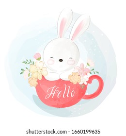 Draw cute rabbit in sweet cup of tea and beauty flower. For Easter and spring. Watercolor style.