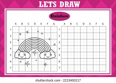 Draw cute rainbow. Grid copy worksheet. educational children game. Drawing activity for toddlers and kids. Vector Holiday drawing practice worksheet.