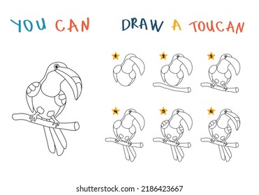 Draw a cute toucan activity sheet. Step by step bird drawing guide vector illustration

