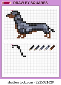 Draw dachshund by squares. Copy the picture. Game for kids.