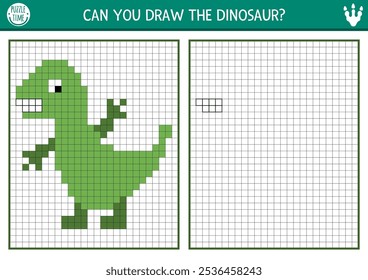 Dibuja el dinosaurio por cuadrícula de píxeles. Hoja de trabajo de práctica de dibujo prehistórico de Vector con animal prehistórico. Actividad imprimible en blanco y negro para niños. Copiar la imagen para colorear con campo, cuadrados