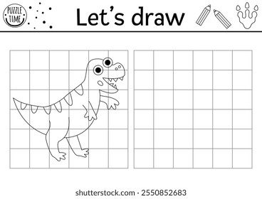 Draw the dinosaur. Vector prehistoric drawing practice worksheet with ancient animal. Printable black and white activity for kids. Copy or complete the picture coloring page with tyrannosaur
