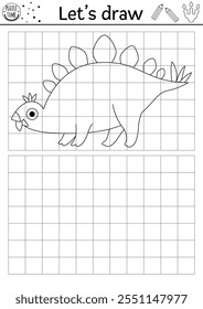 Draw the dinosaur. Vector prehistoric drawing practice worksheet with ancient animal. Printable black and white activity for kids. Copy or complete the picture coloring page with stegosaur
