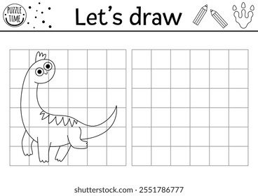 Draw the dinosaur. Vector prehistoric drawing practice worksheet with ancient animal. Printable black and white activity for kids. Copy or complete the picture coloring page with brachiosaur