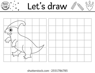 Dibuja el dinosaurio. Hoja de trabajo de práctica de dibujo prehistórico de Vector con animal antiguo. Actividad imprimible en blanco y negro para niños. Copia o completa la imagen para colorear con Parasaurolophus
