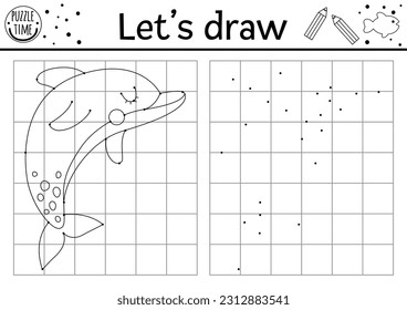 Dibuja el delfín. Vector bajo la hoja de cálculo de la práctica de dibujo marino. Actividad imprimible en blanco y negro para niños con animales acuáticos. Copia de la vida en el océano o completa la página de coloreado de la imagen
