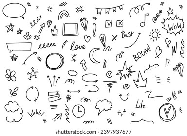 Draw a doodle by hand set karakol. Sketch underline, emphasis, arrow shape set. Hand drawn brush stroke, highlight, speech bubble, underline, sparkle element. Vector illustration.