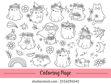 Draw doodle flower ghost for halloween Line art Coloring page