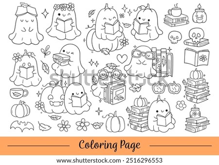 Draw doodle ghost reading for halloween Line art Coloring page