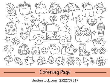 Draw doodle groovy autumn coloring page Ouline fall season