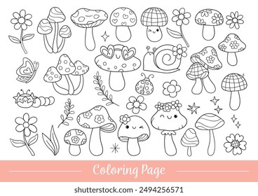 Draw doodle outline groovy retro mushroom coloring page Line art