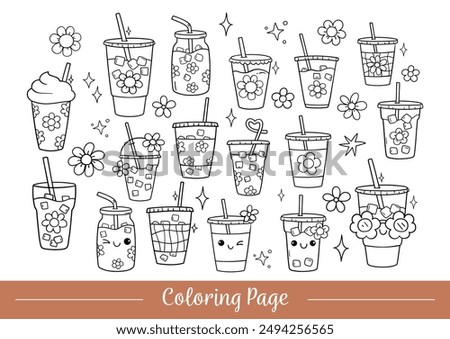 Draw doodle outline retro ice coffee Printable coloring page