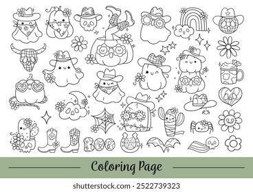 Draw doodle retro western halloween coloring page Line art Fall autumn season