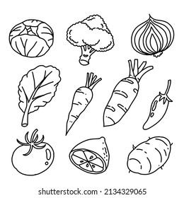 Draw a doodle set of vegetables, black line sketches on a white background.