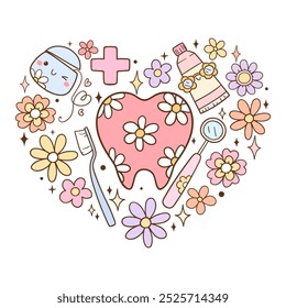Draw doodle vector dental vibes Dentistry Medical Trendy retro flower Printable art for shirt