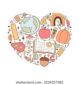 Draw doodle vector fall school in heart shape Positive vibes Autumn season Printable art for shirt