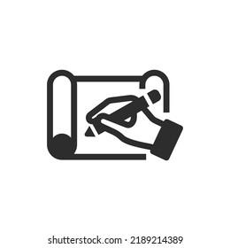 Draw a drawing, icon. Pencil in hand. Monochrome black and white symbol. Vector illustration