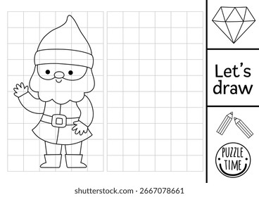 Draw the dwarf. Vector drawing practice worksheet with cute gnome. Magic forest printable black and white activity for kids. Fairytale copy or complete picture coloring page with fantasy creature
