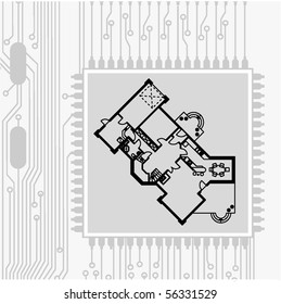 draw of electronic circuit board and architectural blueprint