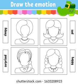 Draw the emotion. Worksheet complete the face. Coloring book for kids. Cheerful character. Vector illustration. Black contour silhouette. Isolated on white background.
