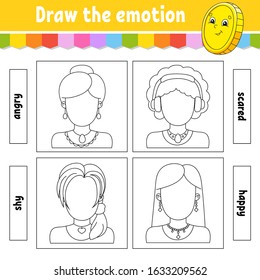 Draw the emotion. Worksheet complete the face. Coloring book for kids. Cheerful character. Vector illustration. Black contour silhouette. Isolated on white background.
