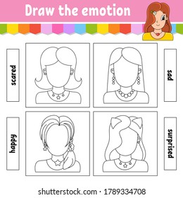 Draw the emotion. Worksheet complete the face. Coloring book for kids. Cheerful character. Vector illustration. Black contour silhouette. Isolated on white background.
