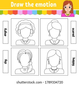 Dibuja la emoción. Hoja de cálculo completa la cara. Libro de colorear para niños. Carácter alegre. Ilustración vectorial. Silueta de contorno negro. Aislado sobre fondo blanco.
