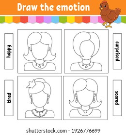 Zeichne das Gefühl. Arbeitsblatt vervollständigt das Gesicht. Farbbuch für Kinder. Fröhlicher Charakter. Vektorgrafik. Schwarze Kontur-Silhouette. Einzeln auf weißem Hintergrund.