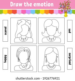 Draw the emotion. Worksheet complete the face. Coloring book for kids. Cheerful character. Vector illustration. Black contour silhouette. Isolated on white background.