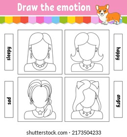 Draw the emotion. Worksheet complete the face. Coloring book for kids. Cheerful character. Vector illustration. Black contour silhouette. Isolated on white background.