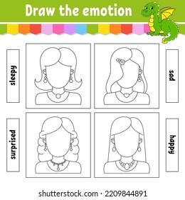 Draw the emotion. Worksheet complete the face. Coloring book for kids. Cheerful character. Vector illustration. Black contour silhouette. Isolated on white background.