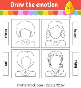 Draw the emotion. Worksheet complete the face. Coloring book for kids. Cheerful character. Vector illustration. Black contour silhouette. Vector illustration.