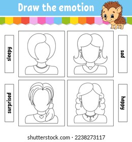 Draw the emotion. Worksheet complete the face. Coloring book for kids. Cheerful character. Vector illustration. Black contour silhouette. Vector illustration.