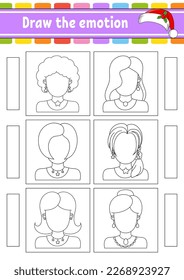 Draw the emotion. Worksheet complete the face. Coloring book for kids. Cheerful character. Vector illustration. Black contour silhouette. Vector illustration.