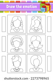 Draw the emotion. Worksheet complete the face. Coloring book for kids. Cheerful character. Vector illustration. Black contour silhouette. Vector illustration.