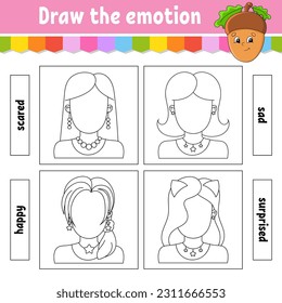 Dibuja la emoción. Hoja de cálculo completa la cara. Libro de colorear para niños. Carácter alegre. Ilustración vectorial. Silueta de contorno negro. Ilustración vectorial.