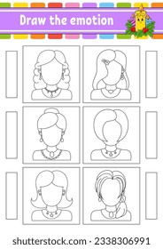 Draw the emotion. Worksheet complete the face. Coloring book for kids. Cheerful character. Vector illustration. Black contour silhouette. Vector illustration.