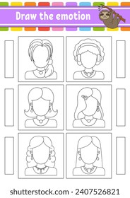 Draw the emotion. Worksheet complete the face. Coloring book for kids. Cheerful character. Vector illustration. Black contour silhouette. Vector illustration.