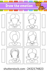 Zieh die Emotionen. Arbeitsblatt vervollständigen die Fläche. Malbuch für Kinder. Fröhlicher Charakter. Vektorgrafik. Schwarze Kontursilhouette. Vektorgrafik.