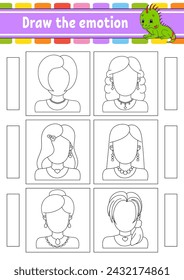 Draw the emotion. Worksheet complete the face. Coloring book for kids. Cheerful character. Vector illustration. Black contour silhouette. Vector illustration.