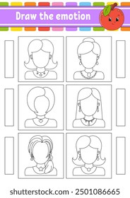 Draw the emotion. Worksheet complete the face. Coloring book for kids. Cheerful character. Vector illustration. Black contour silhouette. Vector illustration.
