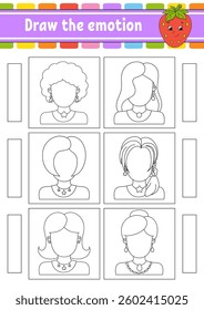 Draw the emotion. Worksheet complete the face. Coloring book for kids. Cheerful character. Vector illustration. Black contour silhouette. Vector illustration.
