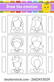 Draw the emotion. Worksheet complete the face. Coloring book for kids. Cheerful character. Vector illustration. Black contour silhouette. Vector illustration.