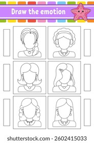 Draw the emotion. Worksheet complete the face. Coloring book for kids. Cheerful character. Vector illustration. Black contour silhouette. Vector illustration.