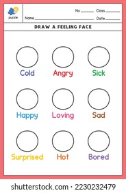 Draw feeling face pictures according to words exercises sheet kawaii doodle vector cartoon