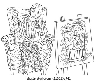 draw a female model black and white coloring book outline vector illustration
