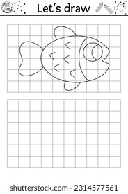 Draw the fish. Vector under the sea drawing practice worksheet. Printable black and white activity for kids with water animal. Ocean life copy or complete the picture coloring page

