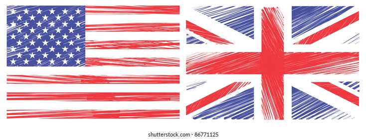 Draw Flag of the United States and united kingdom on a whiteboard. Vector template svg