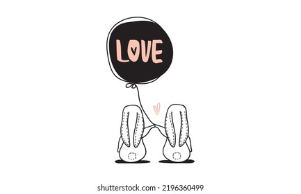 Draw flower around couple love rabbit for spring season, t shirt design