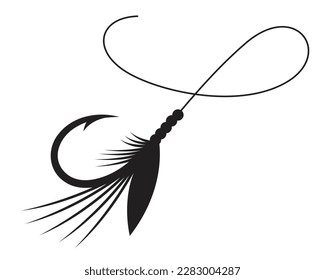 Draw fly fishing lure and a curved line. Fishing tool symbol.